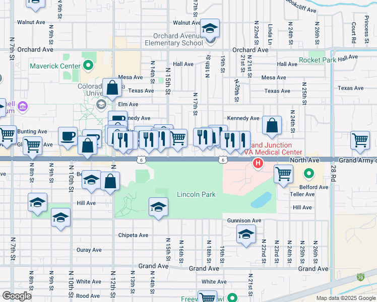 map of restaurants, bars, coffee shops, grocery stores, and more near 1600 North Avenue in Grand Junction