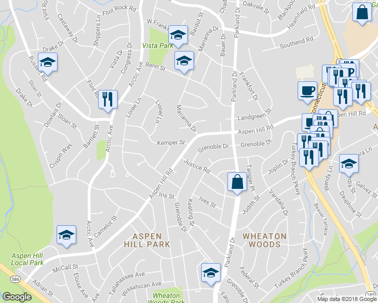 map of restaurants, bars, coffee shops, grocery stores, and more near 4514 Aspen Hill Rd in Rockville