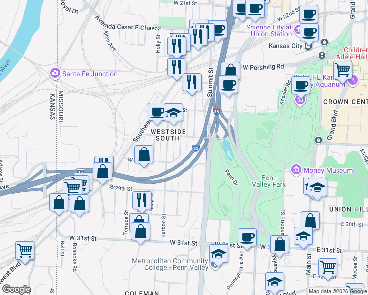 map of restaurants, bars, coffee shops, grocery stores, and more near 2719 Belleview Avenue in Kansas City