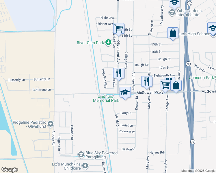 map of restaurants, bars, coffee shops, grocery stores, and more near 4278 Angelica Way in Olivehurst