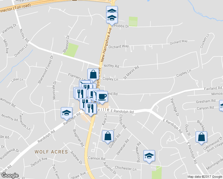 map of restaurants, bars, coffee shops, grocery stores, and more near 512 Midland Road in Silver Spring