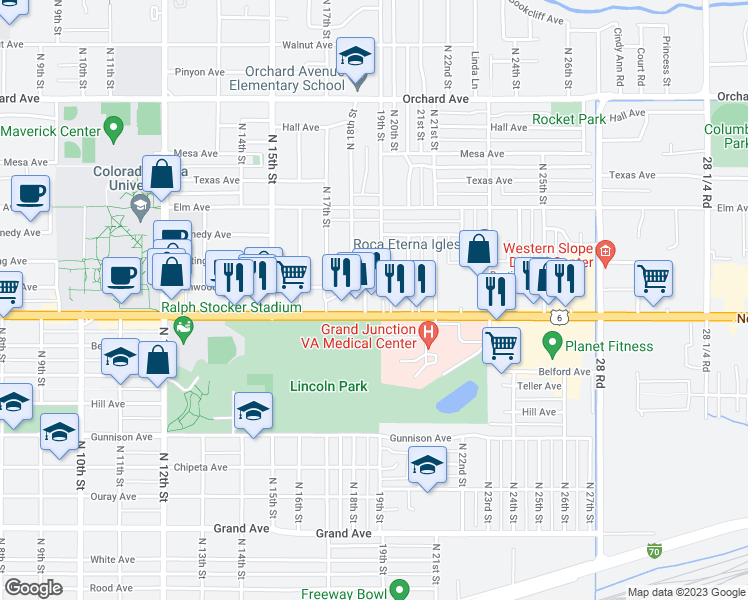 map of restaurants, bars, coffee shops, grocery stores, and more near 1810 North Avenue in Grand Junction