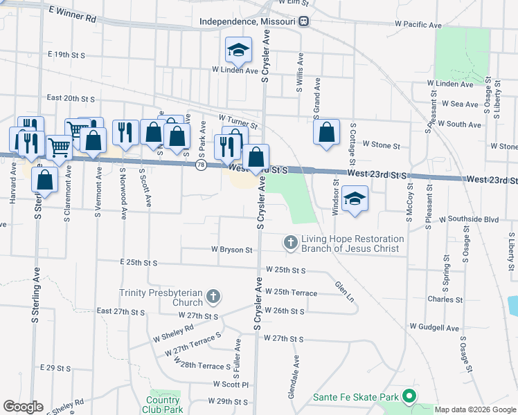 map of restaurants, bars, coffee shops, grocery stores, and more near 2344 South Crysler Avenue in Independence