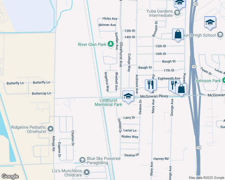 map of restaurants, bars, coffee shops, grocery stores, and more near 4280 Bluebell Avenue in Olivehurst