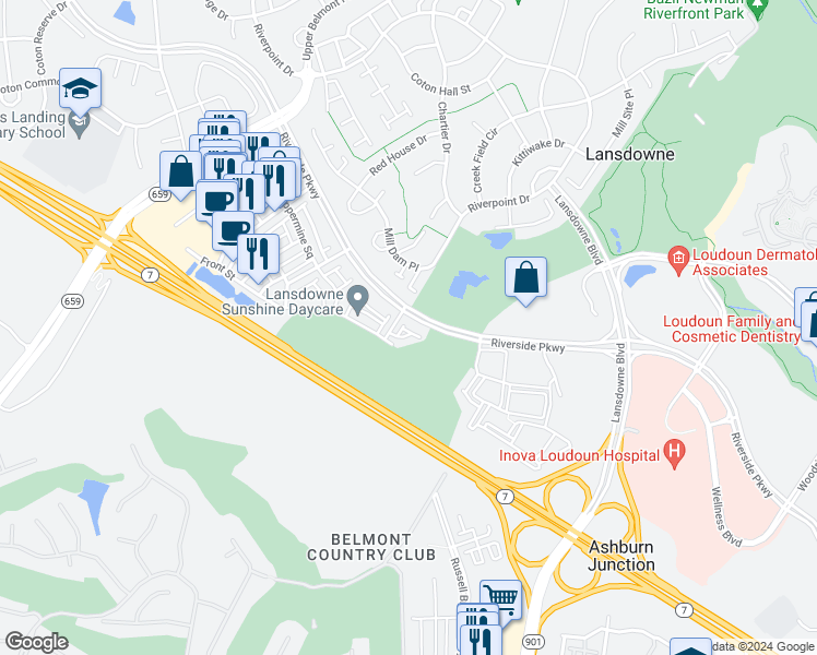 map of restaurants, bars, coffee shops, grocery stores, and more near 43712 Gold Hill Square in Leesburg