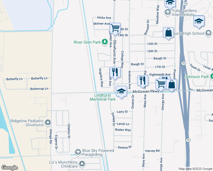 map of restaurants, bars, coffee shops, grocery stores, and more near 1761 Barney Avenue in Olivehurst