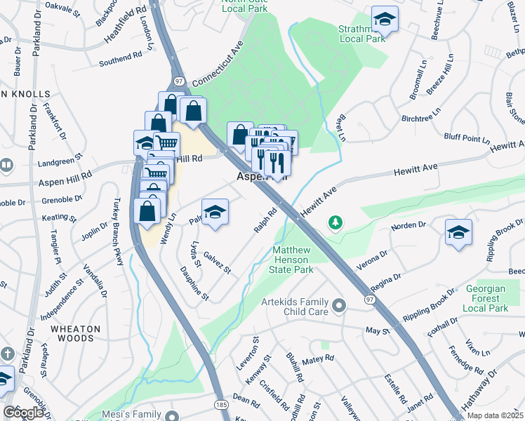 map of restaurants, bars, coffee shops, grocery stores, and more near 13503 Loyola Street in Silver Spring