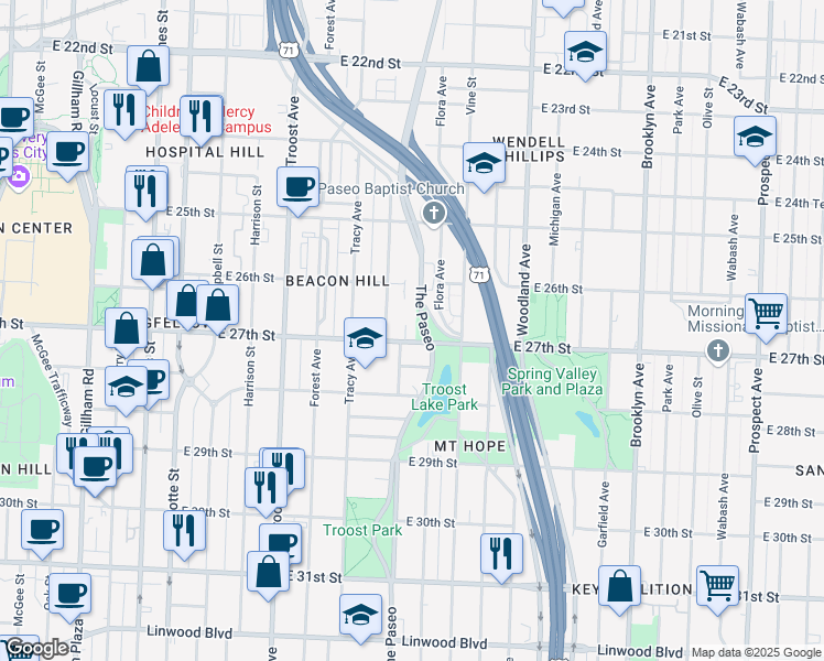 map of restaurants, bars, coffee shops, grocery stores, and more near 1414 East 27th Street in Kansas City