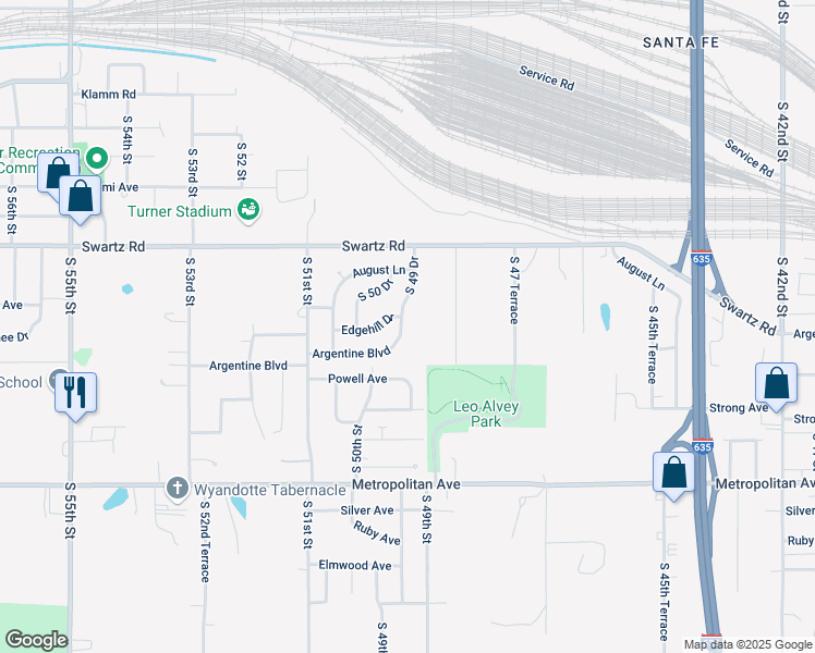 map of restaurants, bars, coffee shops, grocery stores, and more near 1107 South 49 Drive in Kansas City