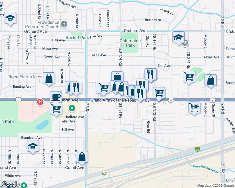 map of restaurants, bars, coffee shops, grocery stores, and more near 2824 North Avenue in Grand Junction