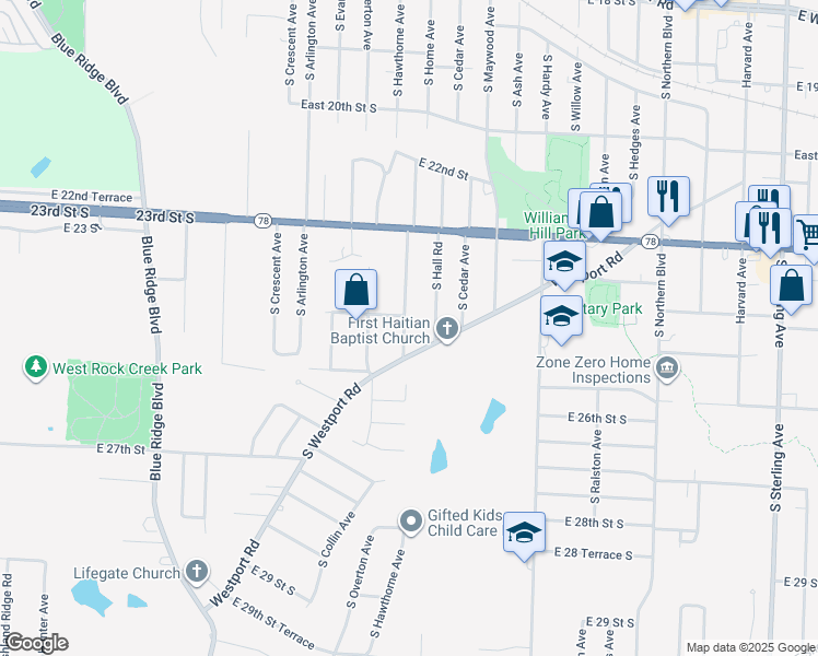 map of restaurants, bars, coffee shops, grocery stores, and more near 2507 South Hawthorne Avenue in Independence
