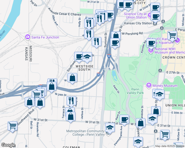 map of restaurants, bars, coffee shops, grocery stores, and more near 2719 Belleview Avenue in Kansas City