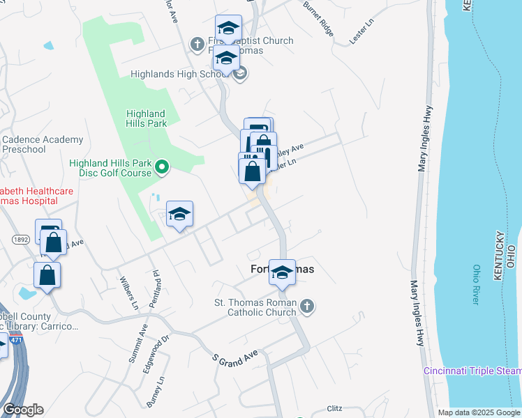map of restaurants, bars, coffee shops, grocery stores, and more near 15 South Fort Thomas Avenue in Fort Thomas