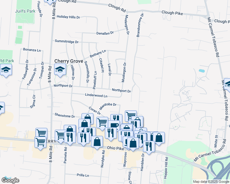 map of restaurants, bars, coffee shops, grocery stores, and more near 8645 Northport Drive in Cincinnati