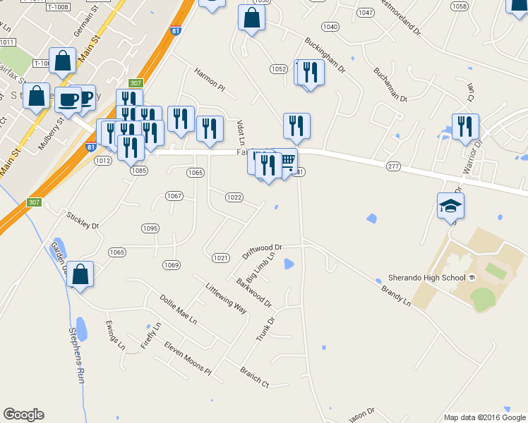 map of restaurants, bars, coffee shops, grocery stores, and more near 156 Meadowbrook Drive in Stephens City