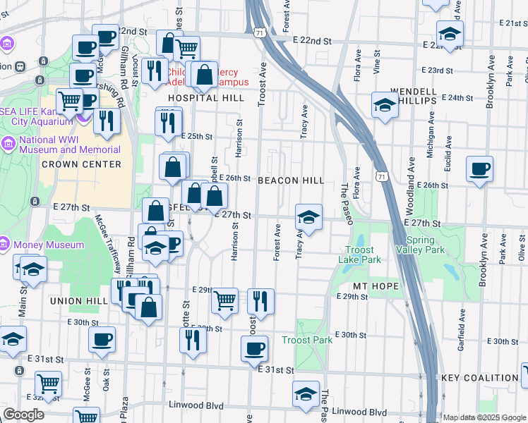 map of restaurants, bars, coffee shops, grocery stores, and more near 2639 Troost Avenue in Kansas City