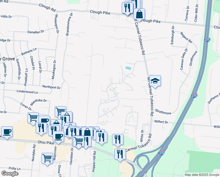 map of restaurants, bars, coffee shops, grocery stores, and more near 10 Johnny Appleseed Court in Cincinnati