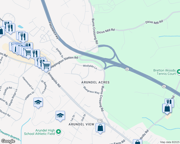 map of restaurants, bars, coffee shops, grocery stores, and more near 203 Heatherbloom Trail in Gambrills