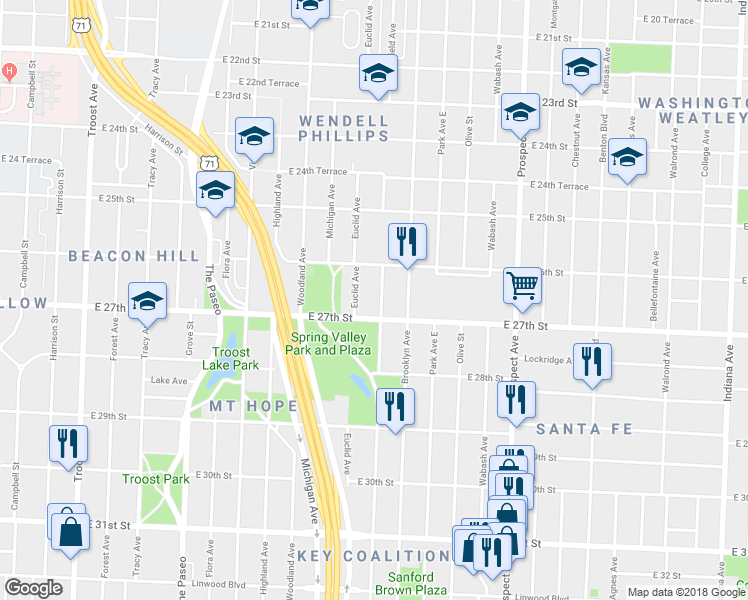 map of restaurants, bars, coffee shops, grocery stores, and more near 2622 Garfield Avenue in Kansas City