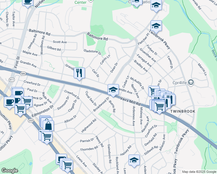 map of restaurants, bars, coffee shops, grocery stores, and more near 1337 Grandin Avenue in Rockville