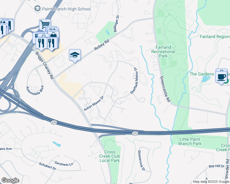 map of restaurants, bars, coffee shops, grocery stores, and more near 3416 Gateshead Manor Way in Silver Spring