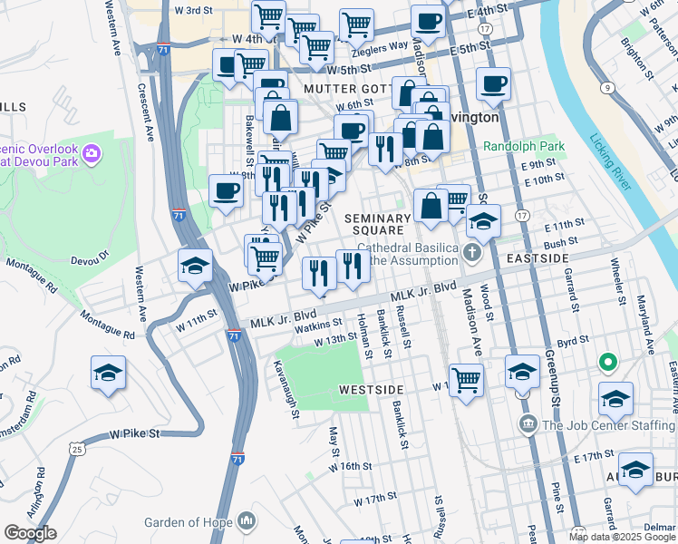 map of restaurants, bars, coffee shops, grocery stores, and more near 1110 Locust St in Covington