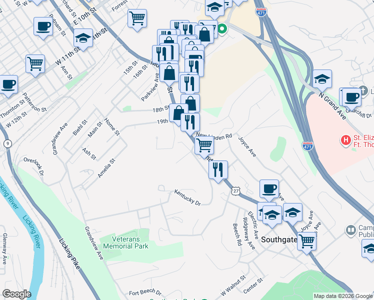 map of restaurants, bars, coffee shops, grocery stores, and more near 2100 Monmouth Street in Newport