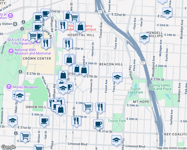 map of restaurants, bars, coffee shops, grocery stores, and more near 1000 East 27th Street in Kansas City
