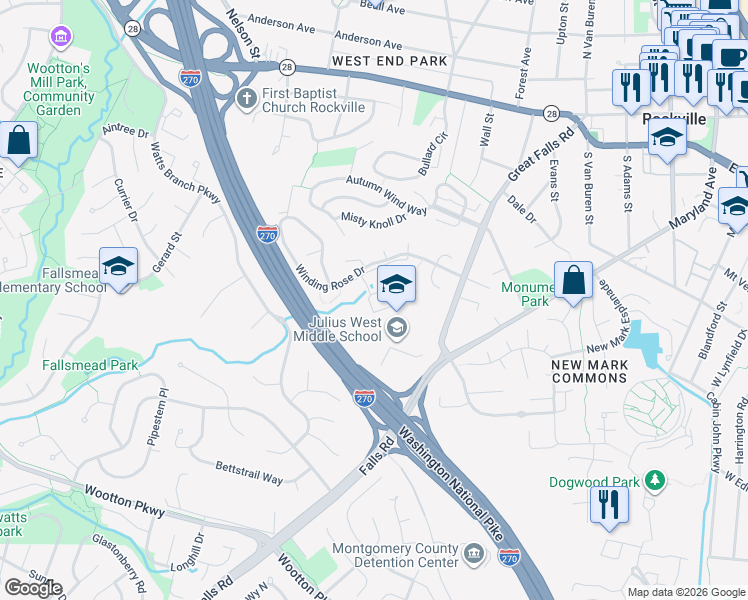 map of restaurants, bars, coffee shops, grocery stores, and more near 201 Blaze Climber Way in Rockville