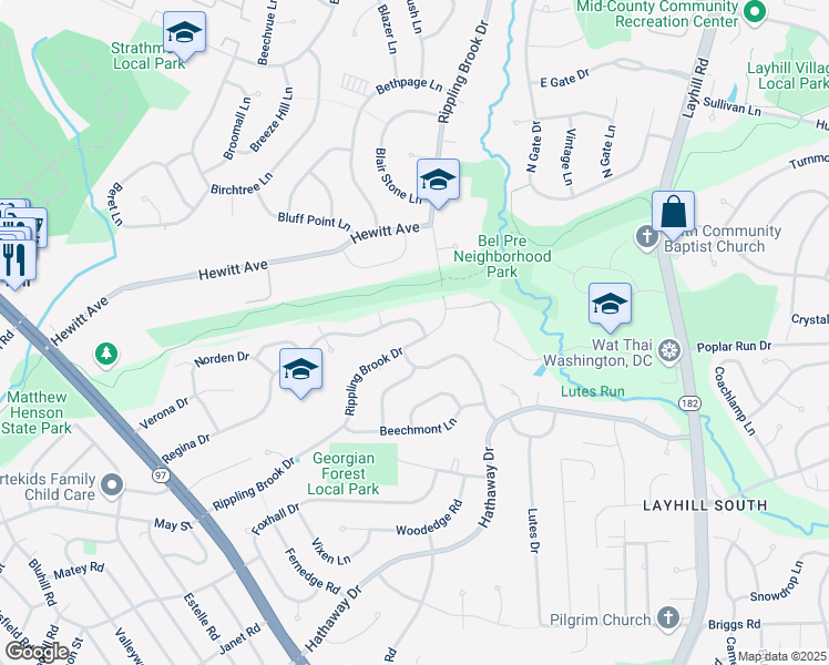 map of restaurants, bars, coffee shops, grocery stores, and more near 13426 Rippling Brook Drive in Silver Spring