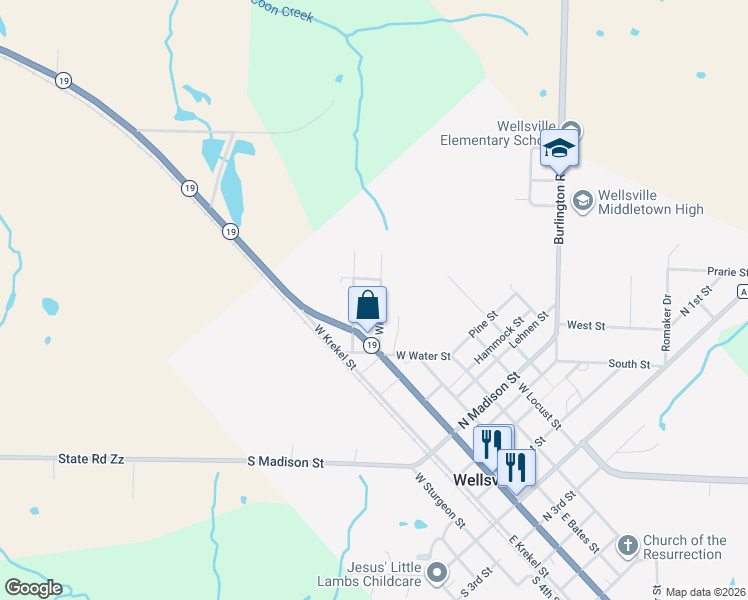map of restaurants, bars, coffee shops, grocery stores, and more near 111 Wilson Street in Wellsville