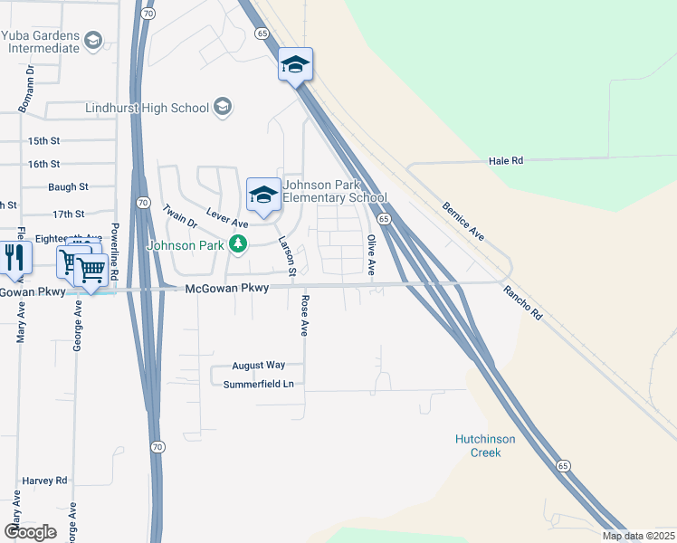 map of restaurants, bars, coffee shops, grocery stores, and more near 69 Via Grande in Olivehurst