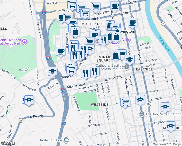 map of restaurants, bars, coffee shops, grocery stores, and more near 1110 Locust Street in Covington