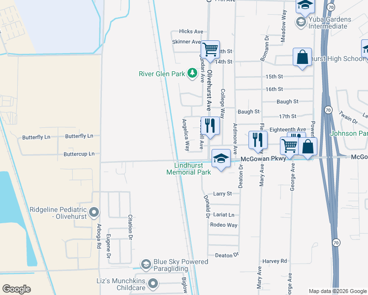 map of restaurants, bars, coffee shops, grocery stores, and more near 4278 Angelica Way in Olivehurst