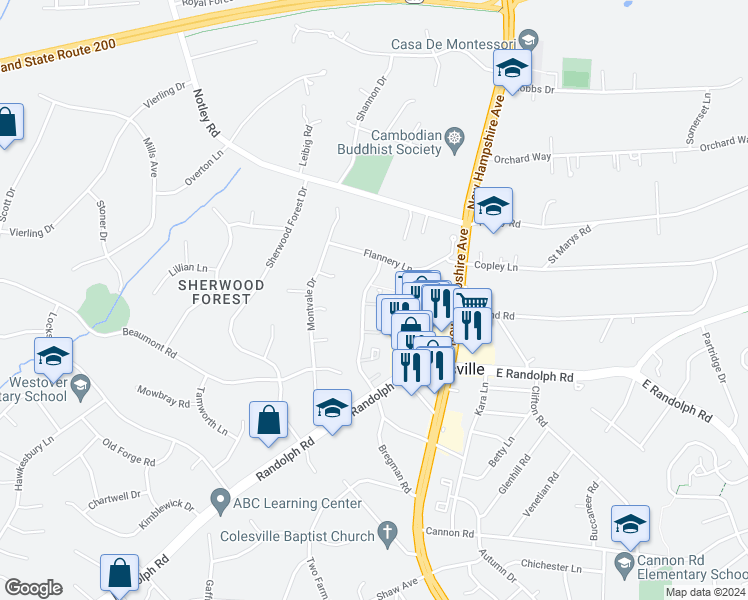 map of restaurants, bars, coffee shops, grocery stores, and more near 13400 Silver Moon Way in Silver Spring