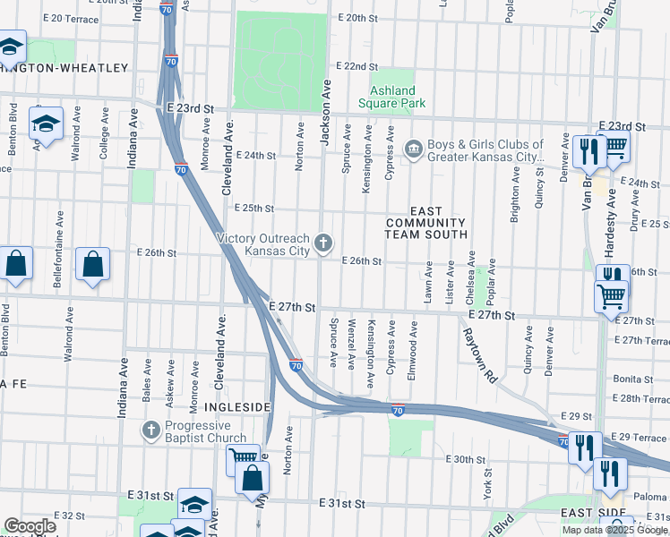 map of restaurants, bars, coffee shops, grocery stores, and more near 2606 Spruce Avenue in Kansas City