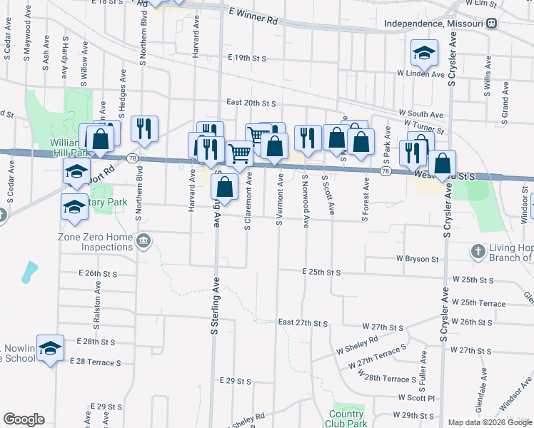 map of restaurants, bars, coffee shops, grocery stores, and more near 11330 East 24th Street South in Independence