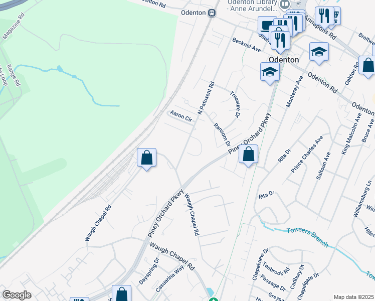 map of restaurants, bars, coffee shops, grocery stores, and more near 1310 Thomas Peter Lane in Odenton
