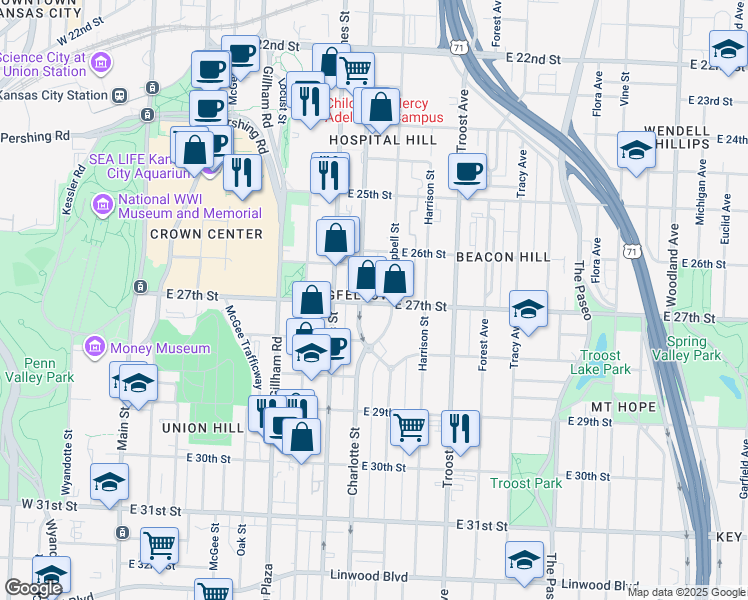 map of restaurants, bars, coffee shops, grocery stores, and more near 808 East 27th Street in Kansas City