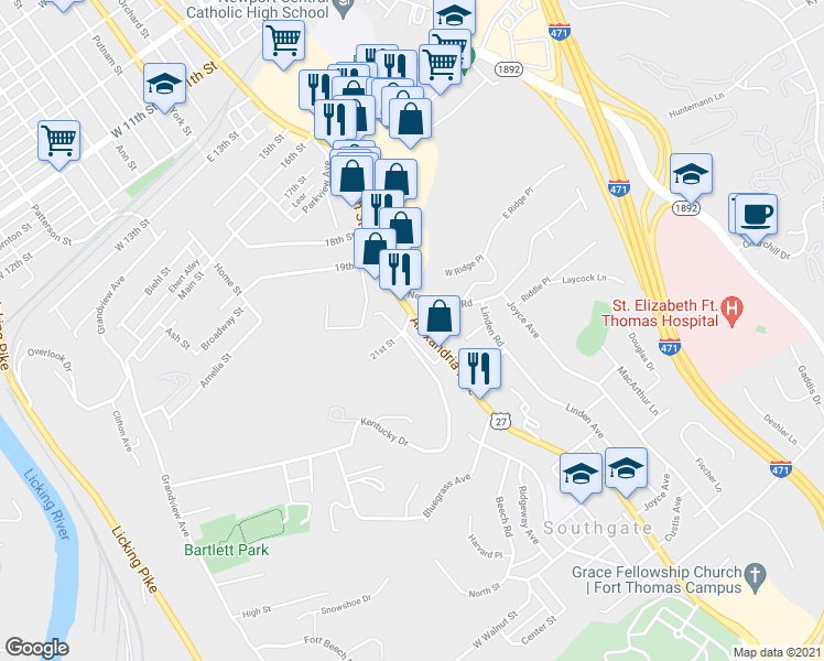 map of restaurants, bars, coffee shops, grocery stores, and more near 2100 Monmouth St in Newport