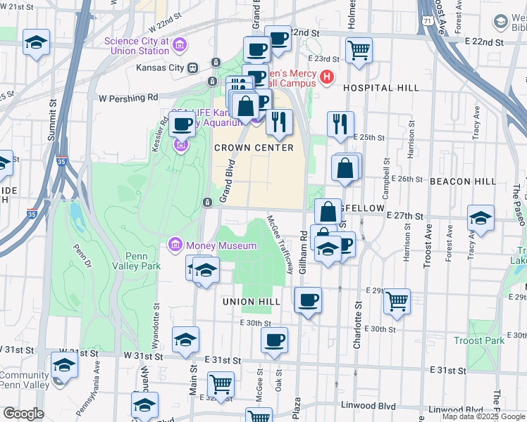map of restaurants, bars, coffee shops, grocery stores, and more near 227 East 27th Street in Kansas City