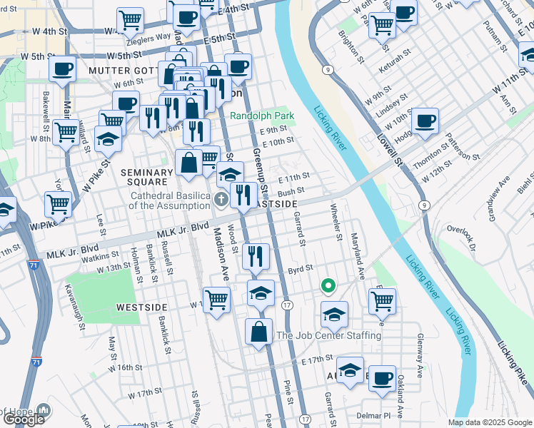 map of restaurants, bars, coffee shops, grocery stores, and more near 131 East 12th Street in Covington