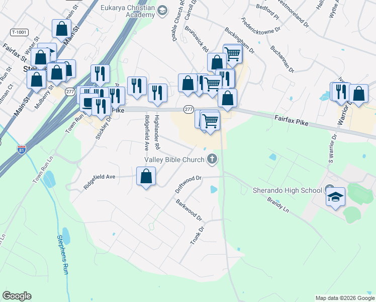 map of restaurants, bars, coffee shops, grocery stores, and more near 156 Meadowbrook Drive in Stephens City