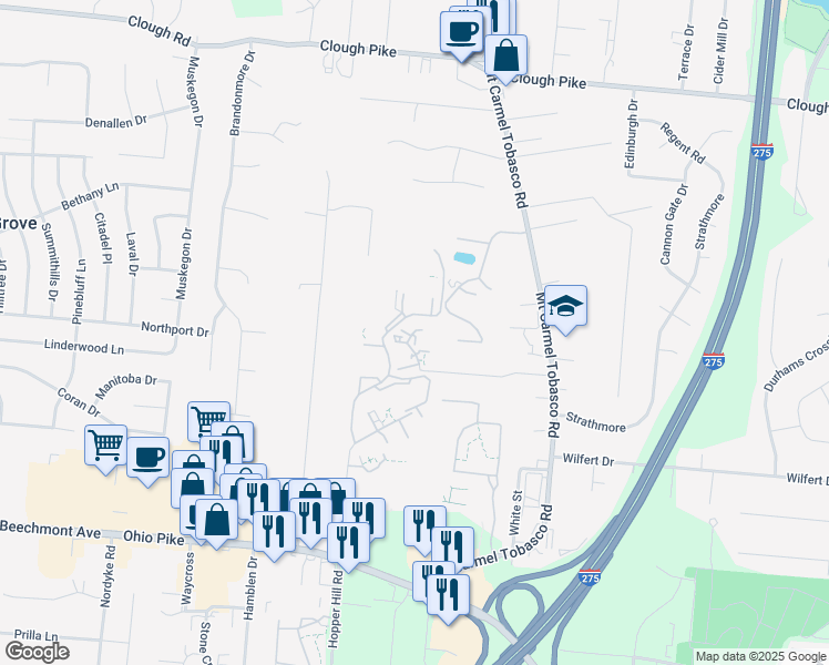 map of restaurants, bars, coffee shops, grocery stores, and more near 58 Apple Lane in Cincinnati