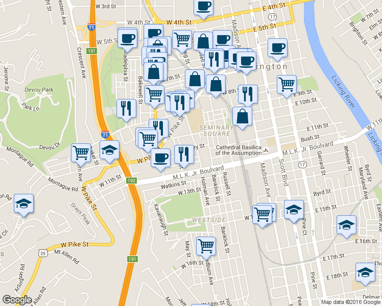 map of restaurants, bars, coffee shops, grocery stores, and more near 1110 Locust Street in Covington