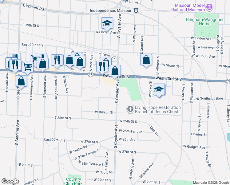 map of restaurants, bars, coffee shops, grocery stores, and more near 2344 South Crysler Avenue in Independence