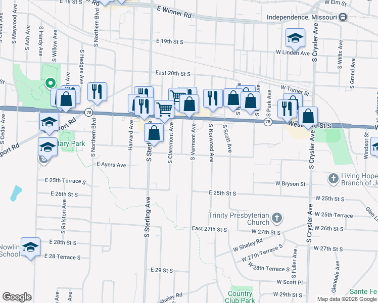 map of restaurants, bars, coffee shops, grocery stores, and more near 11330 East 24th Street South in Independence