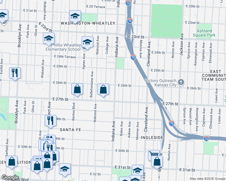 map of restaurants, bars, coffee shops, grocery stores, and more near 2614 Indiana Avenue in Kansas City