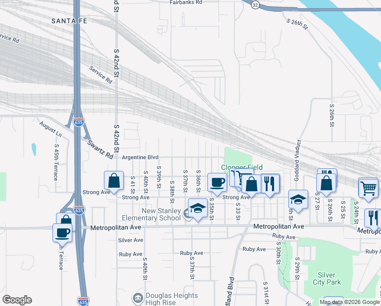 map of restaurants, bars, coffee shops, grocery stores, and more near 3610 Argentine Blvd in Kansas City