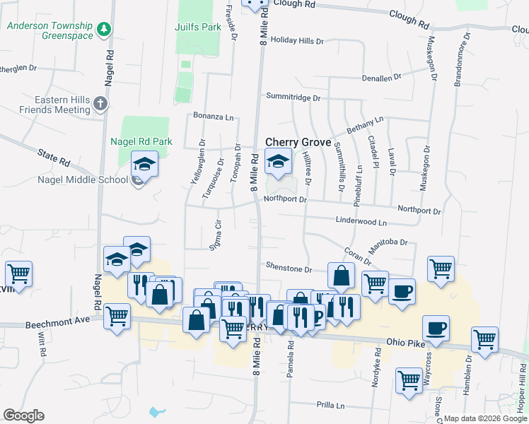 map of restaurants, bars, coffee shops, grocery stores, and more near 1487 8 Mile Road in Cincinnati
